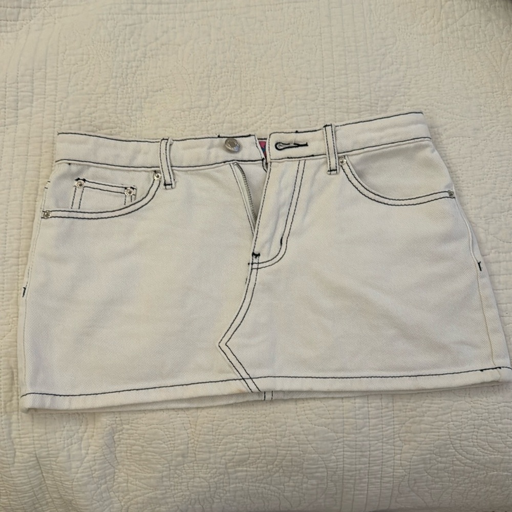 Edikted white, black trim jean mini skirt, too short for me
